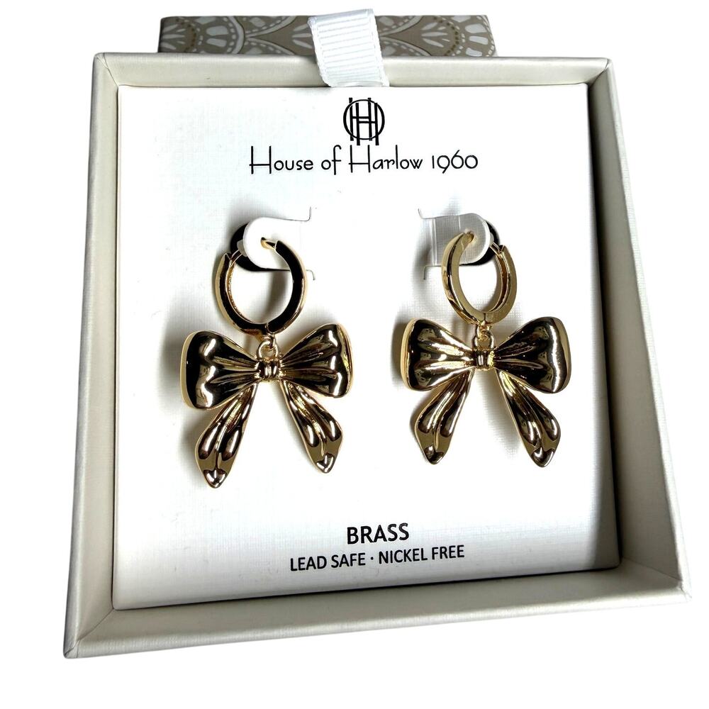 House of Harlow 1960 Gold Brass Bow Huggie Hoop Drop Earrings (NIB)